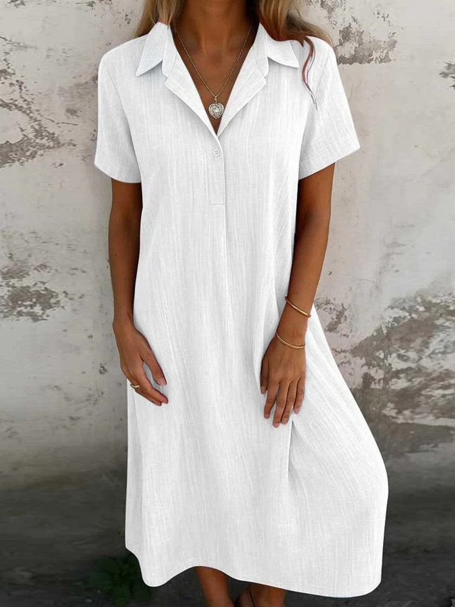 Women’s Midi Dress – Natural Fibers – Relaxed Fit – Button-Up – Short Sleeve Casual