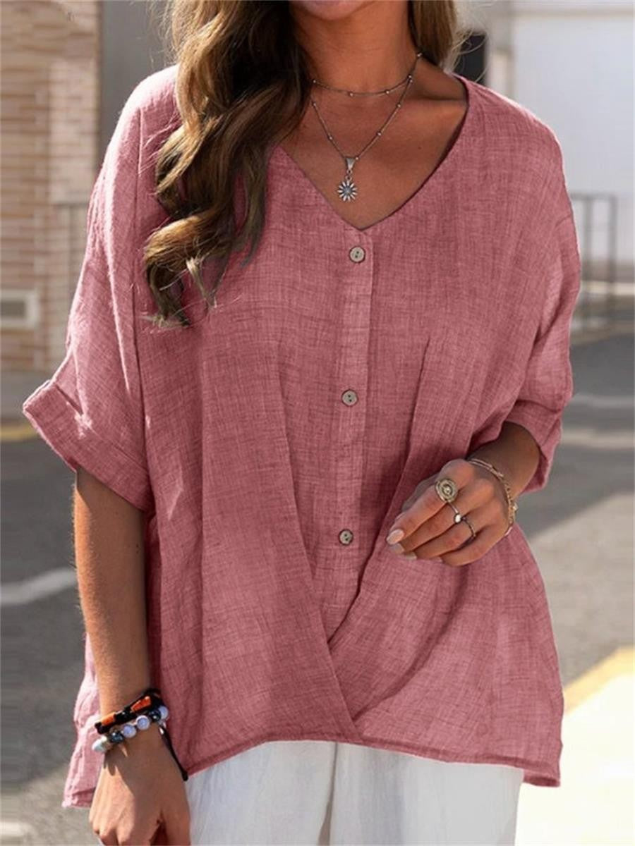 Women’s Blouse – Oversized Fit – V-Neck – Button Front – Half Sleeve – Breathable Blend