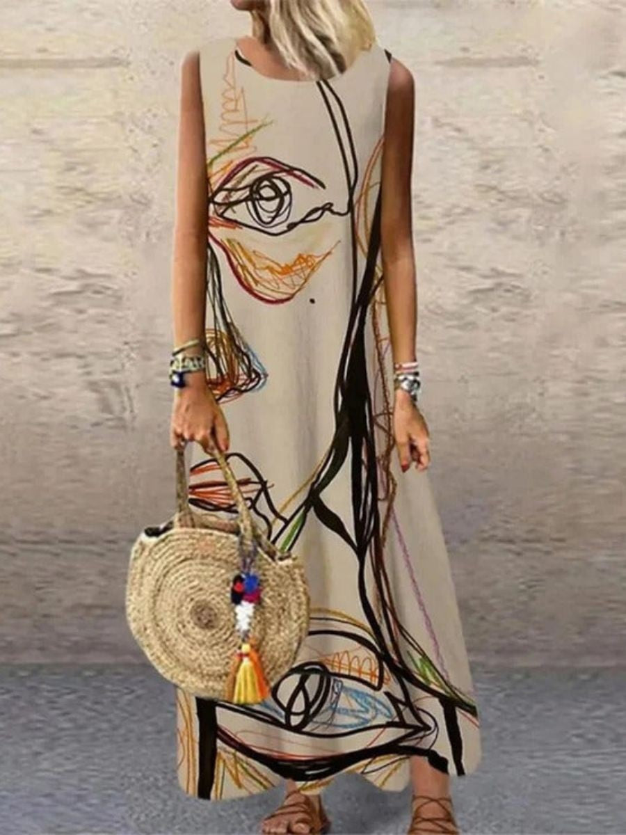 Women’s Sleeveless Dress – Relaxed Fit – Natural Fibers – Flowy Full-Length – Abstract Print