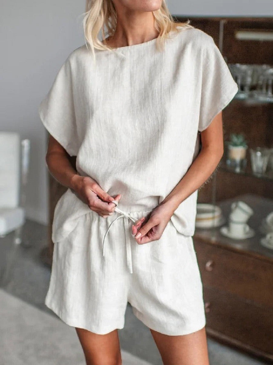 Women’s Two-Piece Set – Relaxed Fit – Breathable Blend – Short Sleeve Top & Drawstring Shorts