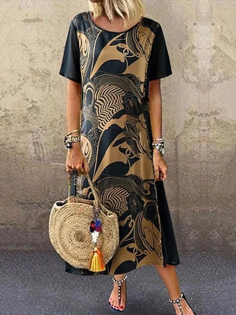 Women’s Midi Dress - Relaxed Fit - Short Sleeve - Round Neck - Bold Artistic Print