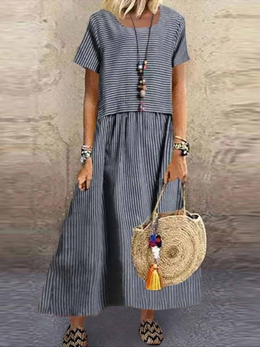 Women’s Maxi Dress – Loose Fit – Striped Pattern – Half Sleeve – Breathable Blend