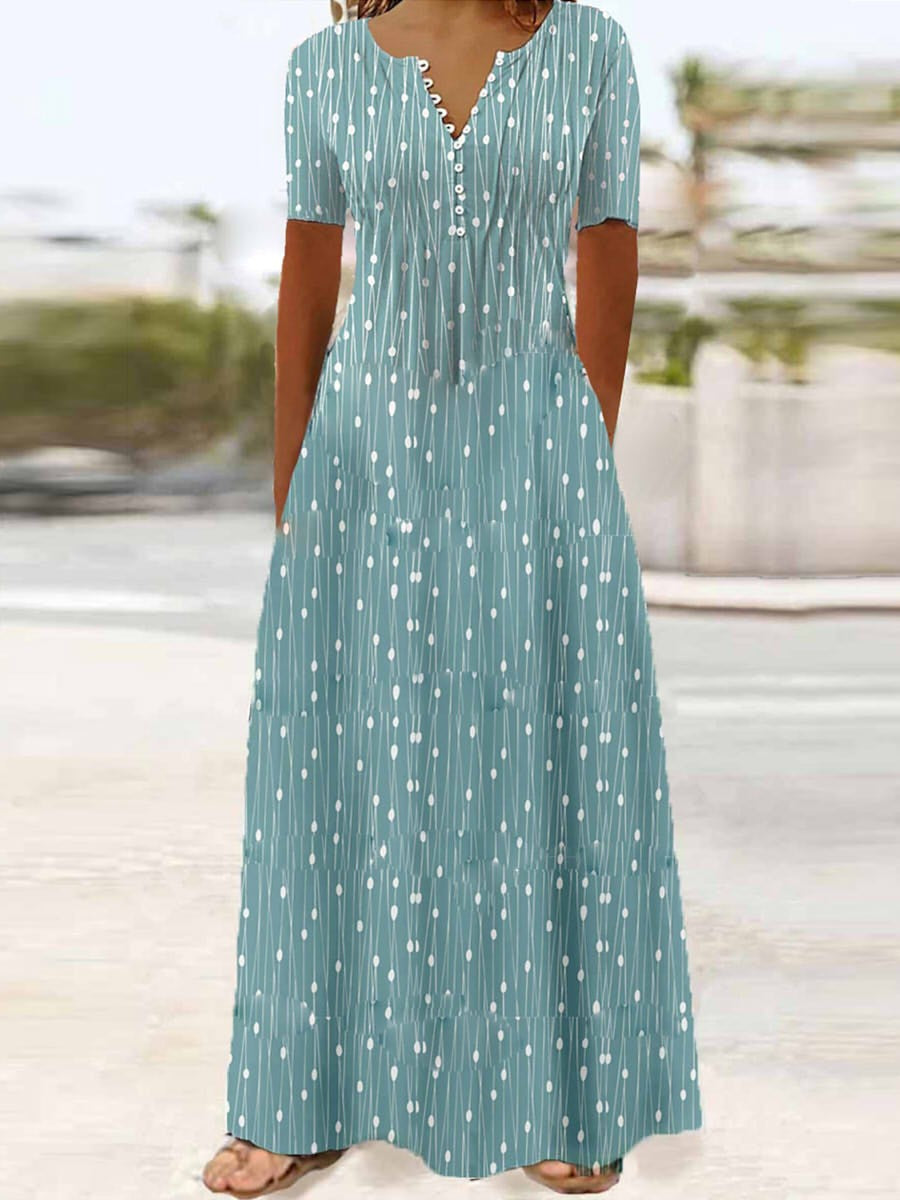 Women’s Maxi Dress – Breathable Blend – V-Neck Button Front – Short Sleeve – Pockets