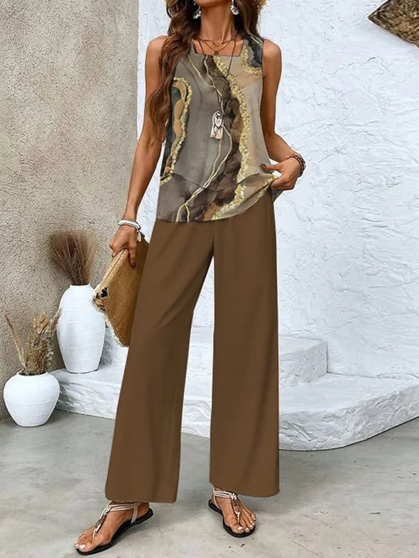 Women’s Two-Piece Set – Sleeveless Abstract Top – Full Length Relaxed Fit Pants – Breathable Blend