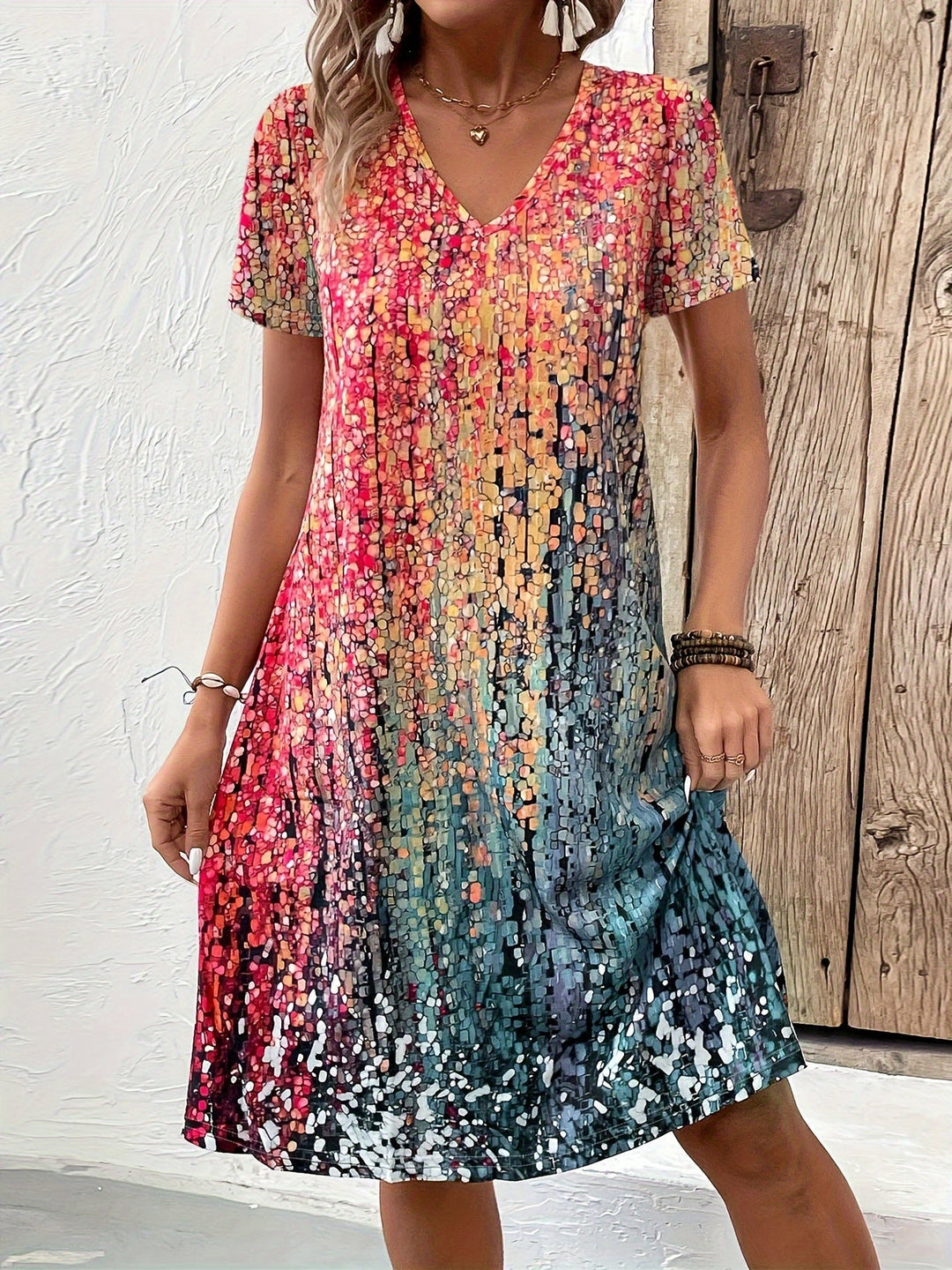 Women’s Midi Dress – Relaxed Fit – A-Line Silhouette – V-Neck – Short Sleeve – Breathable Blend