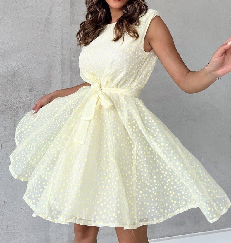 Women’s A-Line Dress – Fitted Bodice – Waist Tie – Sleeveless – Flowing Lightweight Skirt