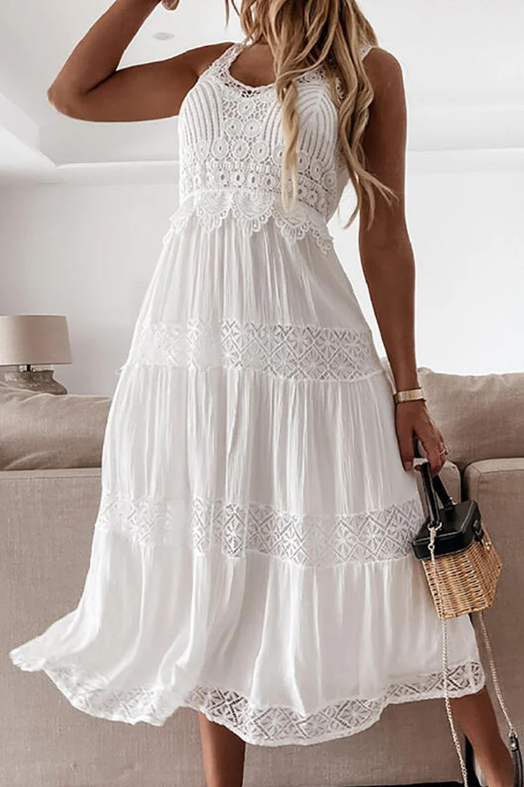 Women’s Midi Dress – A-Line Fit – Sleeveless – Lace Crochet Bodice – Tiered Skirt – Breathable Blend