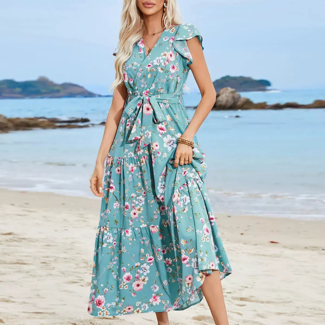 Women’s Boho Dress – Relaxed Fit – V-Neck – Tie Waist – Ruffled Sleeves – Tiered Skirt