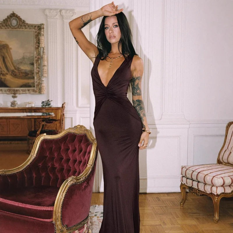 Women’s Maxi Dress – Slim Fit – Deep V Neck – Sleeveless – Gathered Waist – Elegant Drape