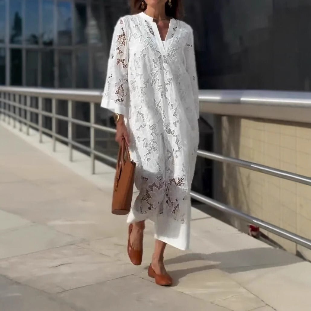 Women’s Lace Dress – V-Neck – Relaxed Fit – Long Sleeve – Flowing Silhouette