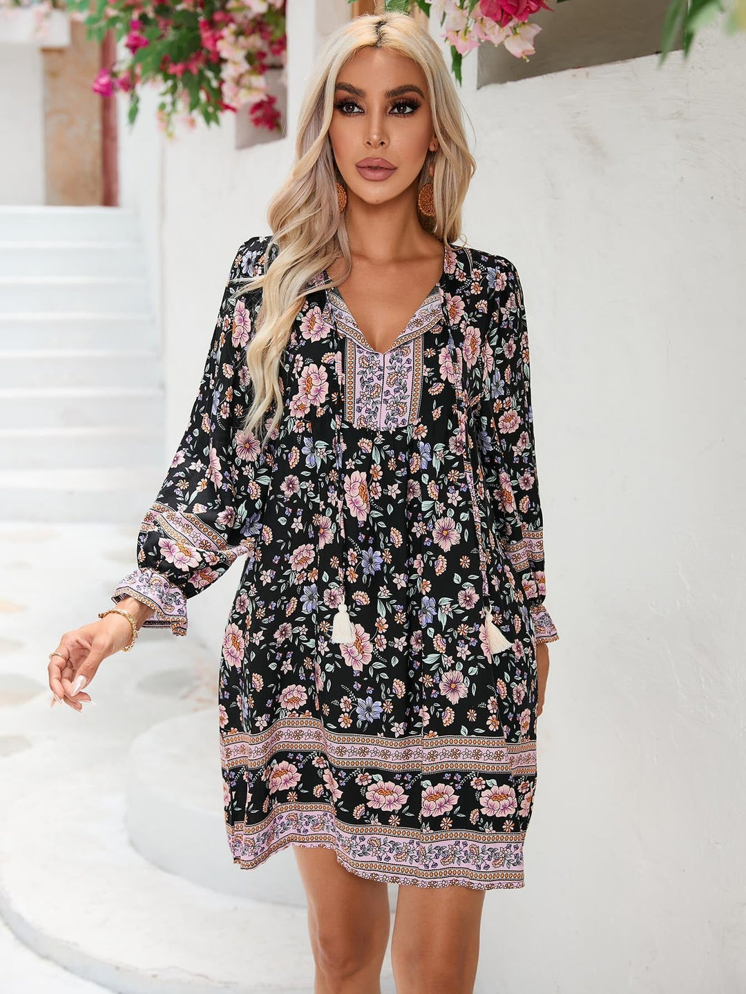 Women’s Boho Dress – Cotton – A-Line Fit – Long Sleeve V-Neck Casual Style