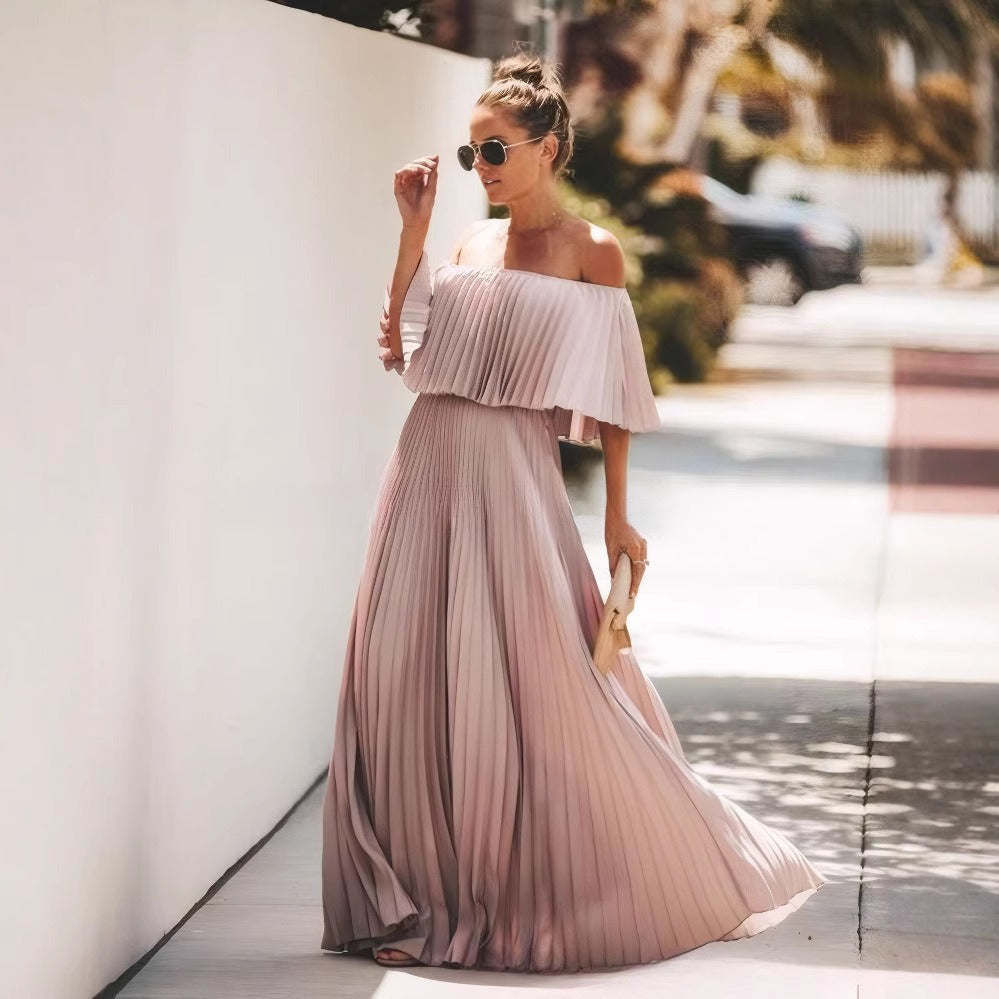 Women’s Maxi Dress – Off Shoulder – Ruffle Neckline – Pleated Flare Skirt – Flowy Fit