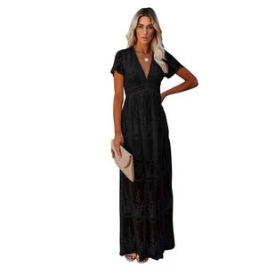 Women’s Maxi Dress – Embroidered V-Neck – Flowing Fit – Short Sleeve – Satin Feel Elegantwear