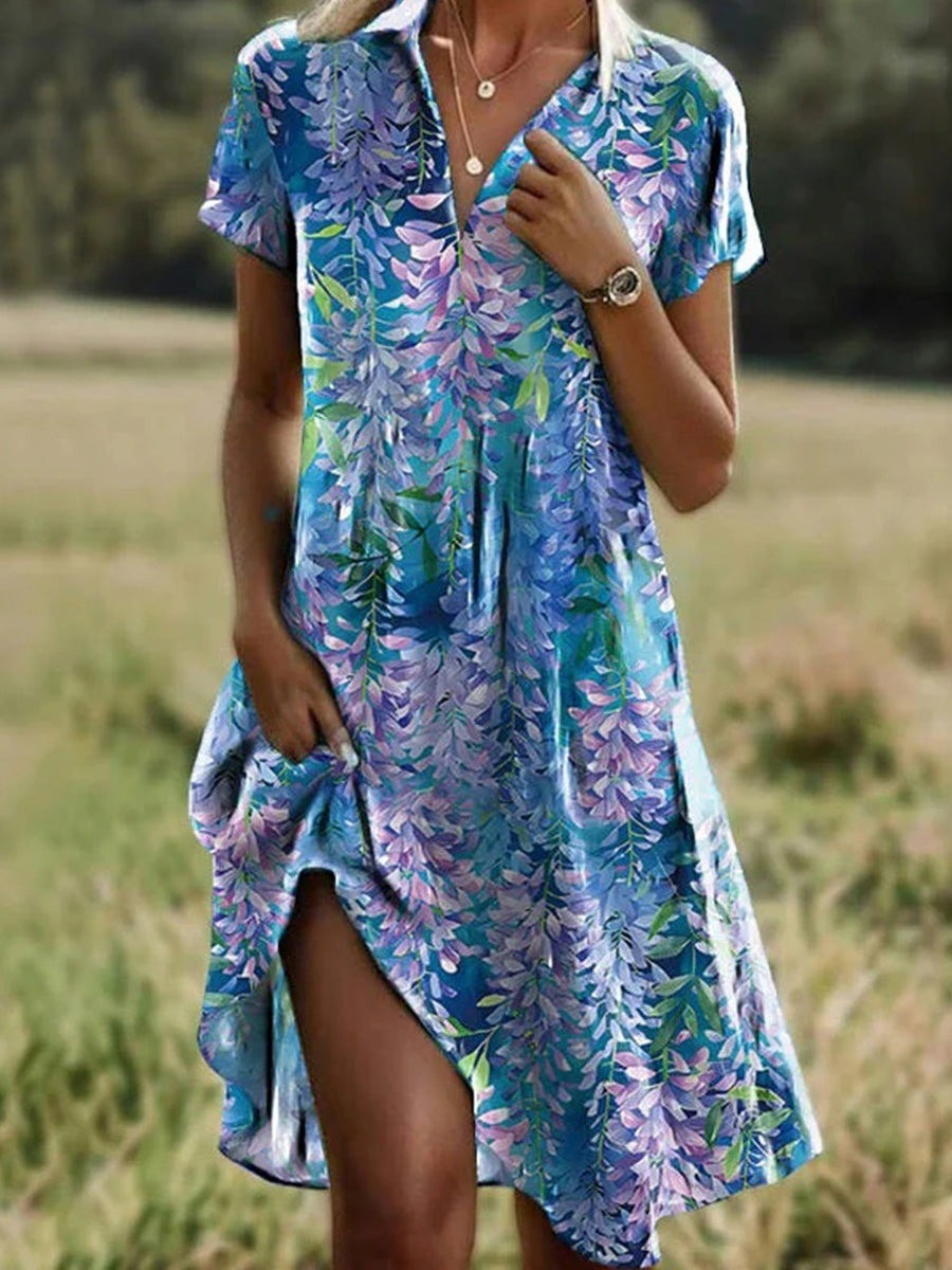 Women’s Mini Dress – Relaxed Fit – V-Neck – Short Sleeve – Floral Print – Breathable Blend