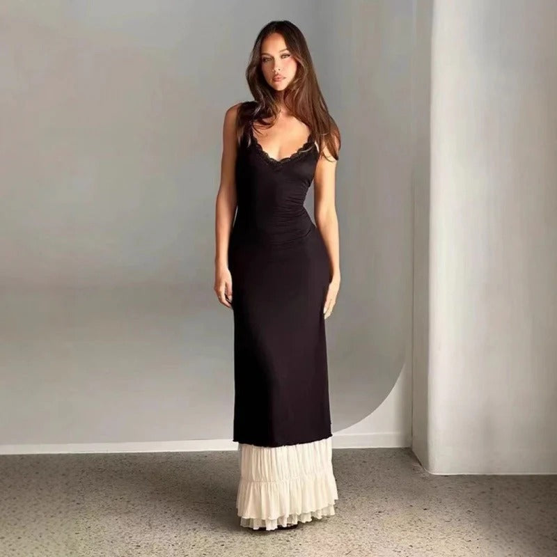 Women’s Maxi Dress - Slim Fit - Lace Trim - Tiered Ruffle Hem - Sleeveless Elegant Wear