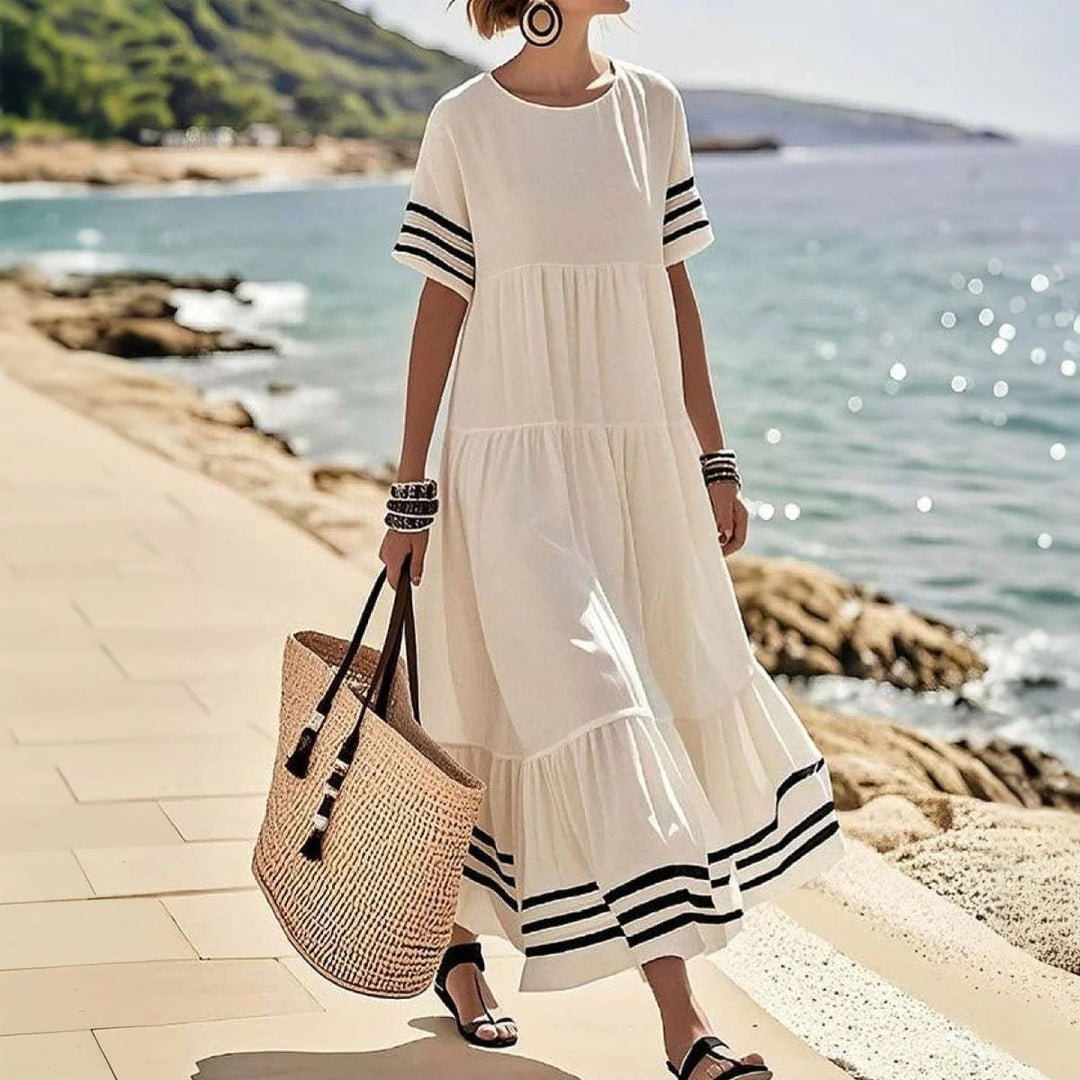 Women’s Long Dress – Cotton – Loose Fit – Tiered Skirt – Round Neck – Striped Hemline