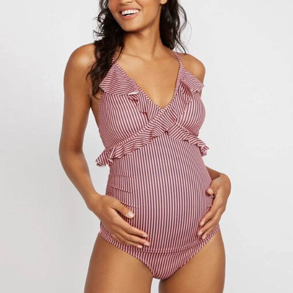 Women’s Maternity Swimsuit – Stretch Fit – Ruffle Trim – Cross-Back Support – Full Coverage