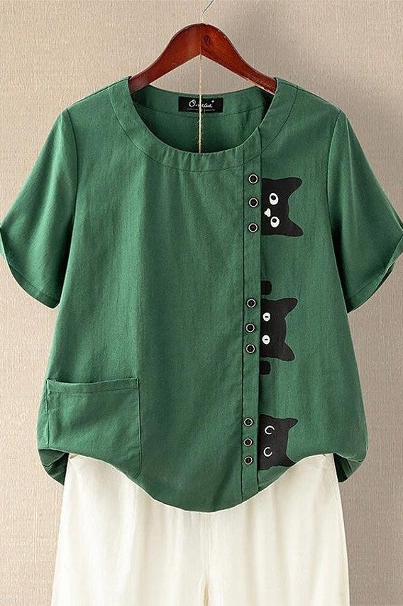 Women’s T-Shirt – Relaxed Fit – Soft Knit – Asymmetrical Cat Print – Button Detail
