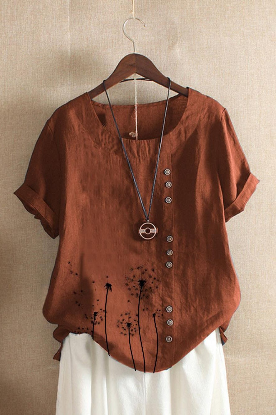 Women’s T-Shirt – Natural Fibers – Relaxed Fit – Short Sleeve – Decorative Buttons