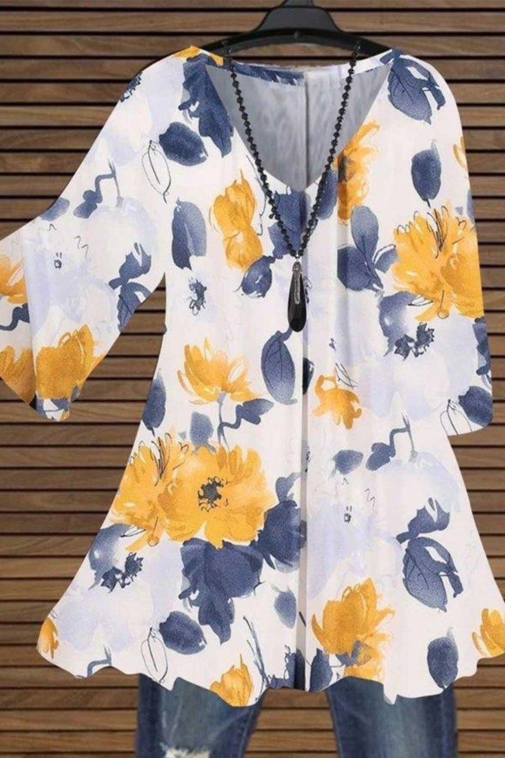 Women’s Tunic Blouse – Relaxed Fit – V-Neck – Half Sleeve – Breathable Blend – Floral Print