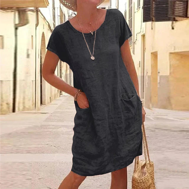Women’s Midi Dress – Natural Fibers – Relaxed Fit – Knee Length – Short Sleeve – With Pockets