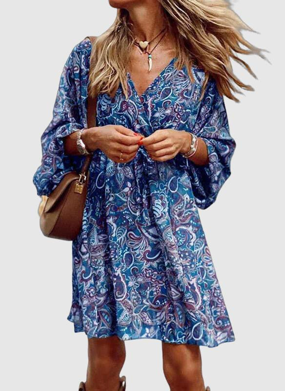 Women's Bohemian Dress - Paisley Print - V-Neck - Flowy Knee-Length - 3/4 Bell Sleeve
