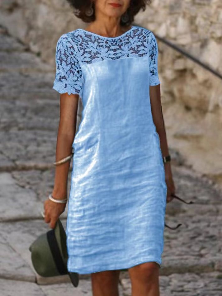 Women’s Knee-Length Dress – Loose Fit – Lace Detail – Short Sleeve – Breathable Blend