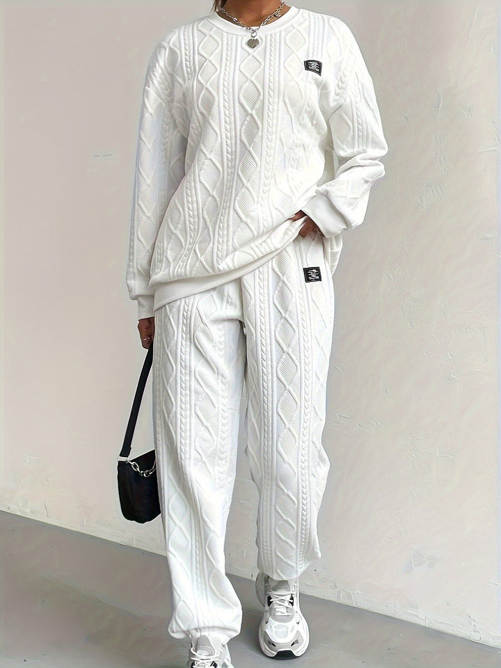 Women’s Lounge Set – Cable Knit – Relaxed Fit – Ribbed Neckline & Cuffs – Full Length