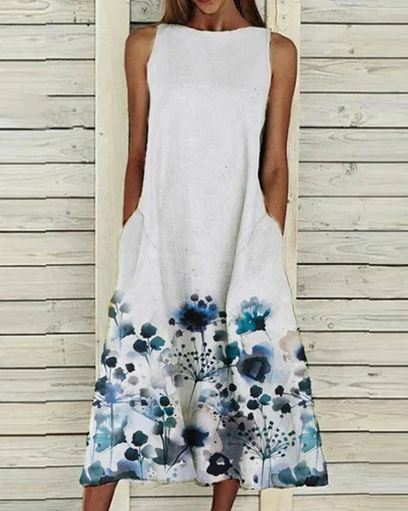Women’s Midi Dress - Natural Fibers - A-Line Fit - Sleeveless - High Neck - Side Pockets