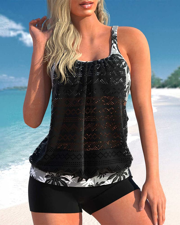 Women’s Tankini Set – Soft Knit – Lace Overlay – Wide Straps – Matching Shorts