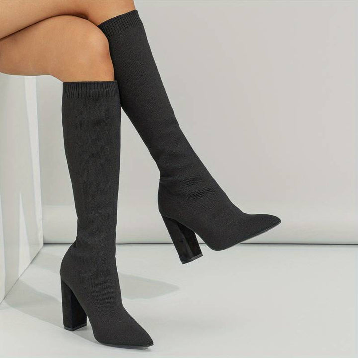 Women’s Knee-High Sock Boots – Slim Fit – Stretch Knit – Pointed Toe – Block Heel