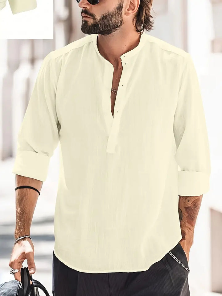 Men’s Long Sleeve Shirt - Relaxed Fit - Breathable Blend - Mandarin Collar Casual Style