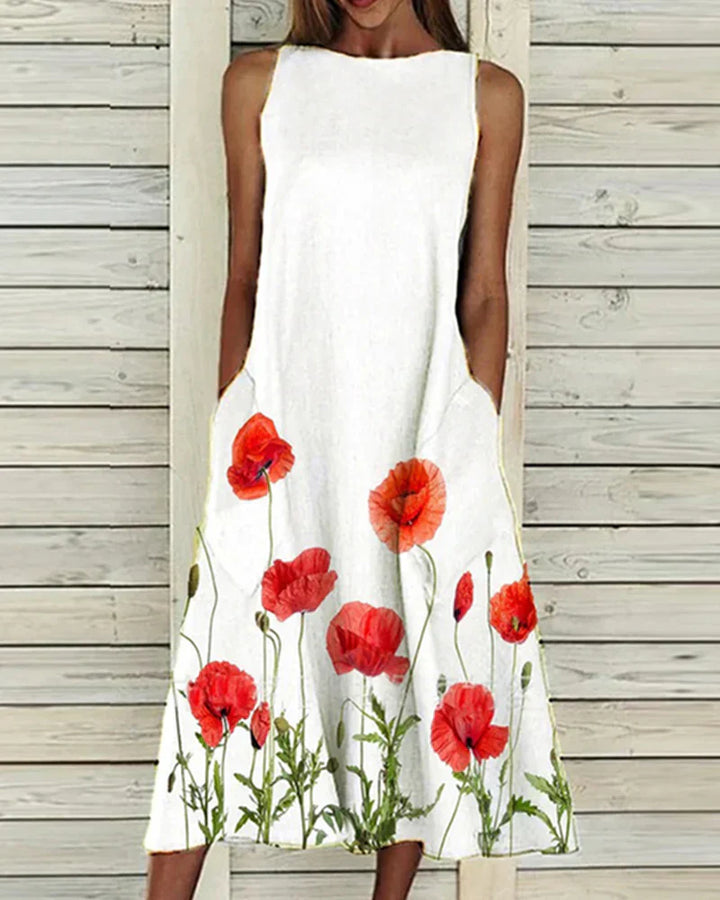 Women’s Midi Dress - Natural Fibers - A-Line Fit - Sleeveless - High Neck - Side Pockets