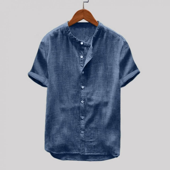 Men’s Short Sleeve Shirt - Relaxed Fit - Cotton Blend - Mandarin Collar