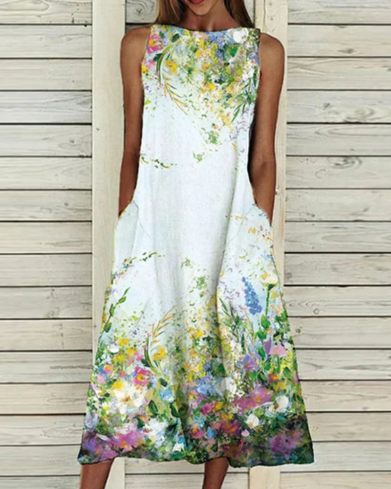 Women’s Midi Dress - Natural Fibers - A-Line Fit - Sleeveless - High Neck - Side Pockets