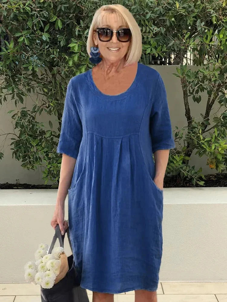 Women's Midi Dress - Natural Fibers - Relaxed Fit - Scoop Neck - Elbow Sleeve - Pockets