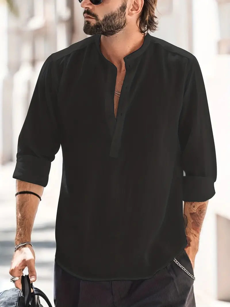 Men’s Long Sleeve Shirt - Relaxed Fit - Breathable Blend - Mandarin Collar Casual Style
