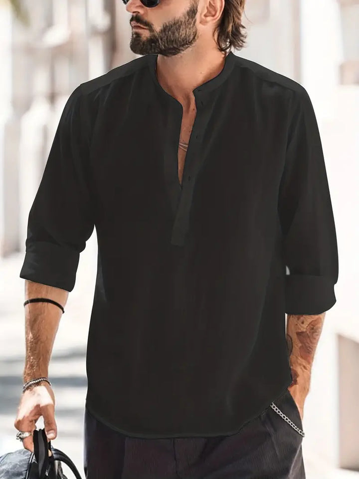 Men’s Long Sleeve Shirt - Relaxed Fit - Breathable Blend - Mandarin Collar Casual Style