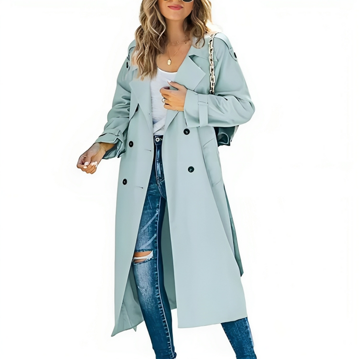 Women's Trench Coat - Tailored Fit - Long Length - Double-Breasted - Wide Lapel Collar