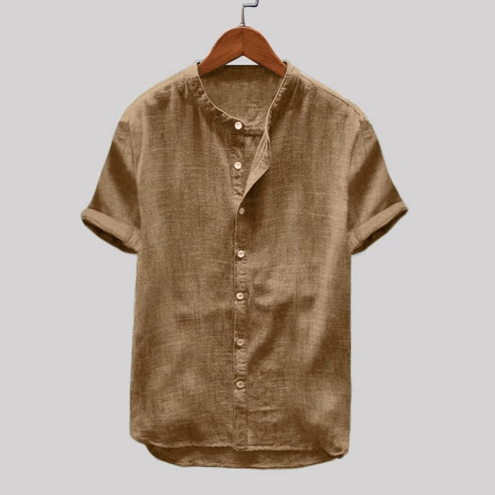 Men’s Short Sleeve Shirt - Relaxed Fit - Cotton Blend - Mandarin Collar