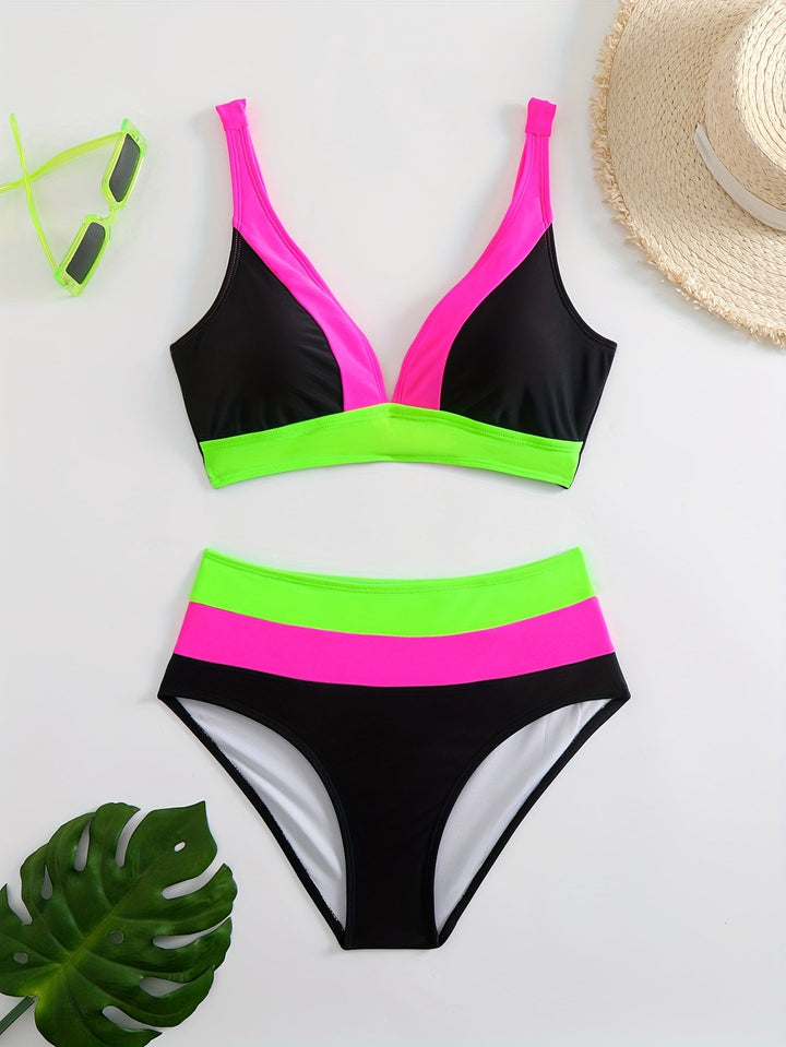 Women’s Bikini Set – V-Neck Top – Ruched Straps – High-Waisted – Sculpting Fit