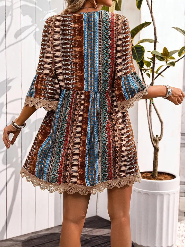 Women's Mini Dress - Bohemian Style - Deep V-Neck - Flowy Fit - Lace Detail - Tassels