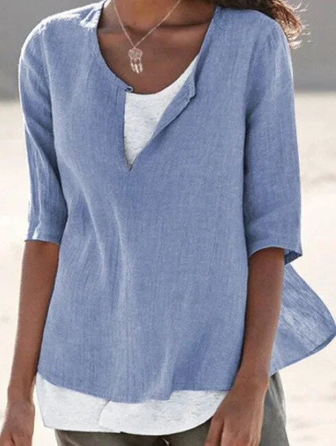 Women’s Layered Blouse – Relaxed Fit – Mid Sleeve – Breathable Blend – V-Neck Casual