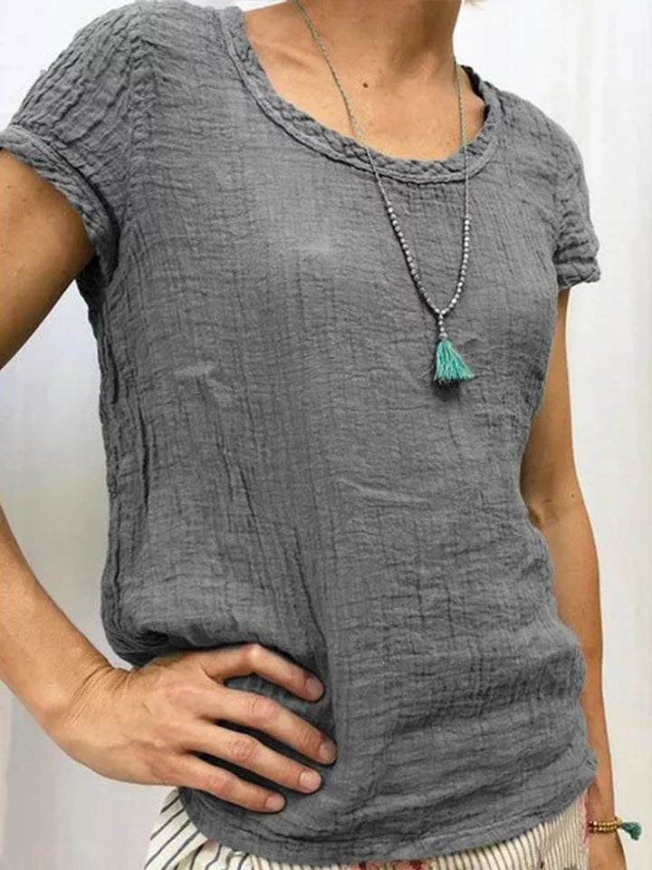 Women’s Casual Tee – Relaxed Fit – Crinkled Texture – Short Sleeve Breathable Blend