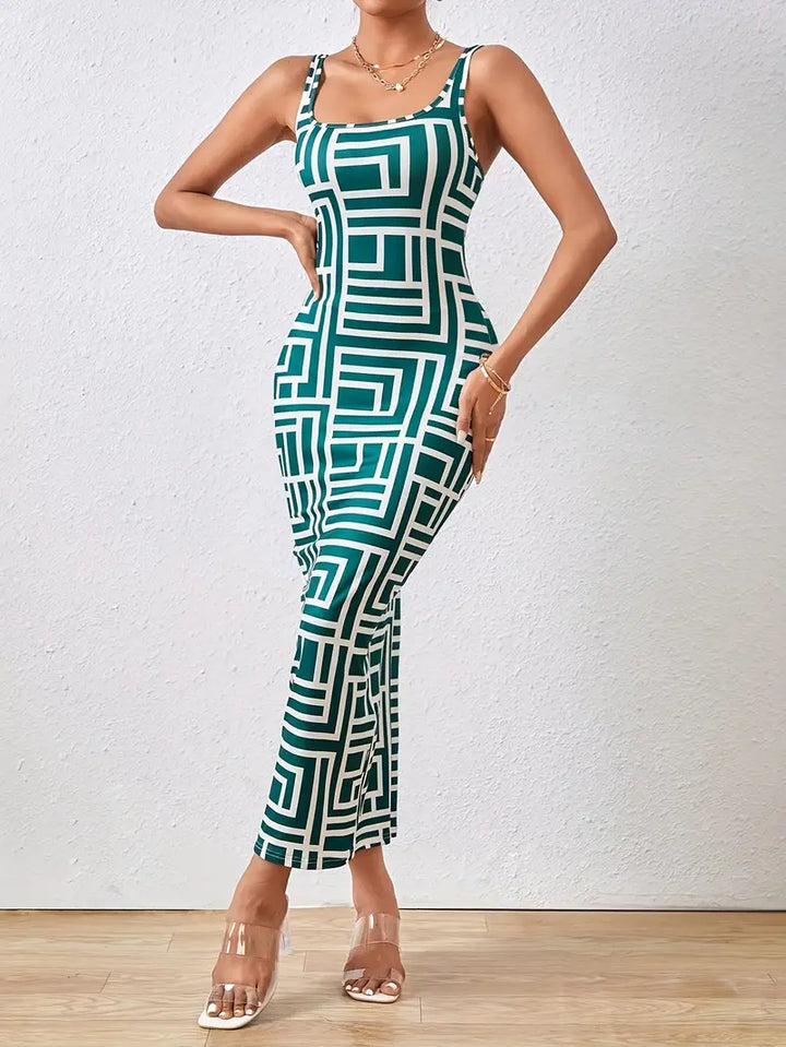 Women's Bodycon Dress - Geometric Pattern - Midi Length - Square Neck - Elegant Fit