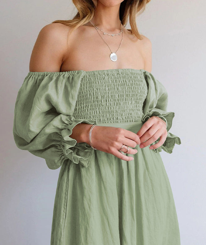 Women's Off-the-Shoulder Dress - Smocked Bodice - Puff Sleeves - Flowy Lightweight Fit
