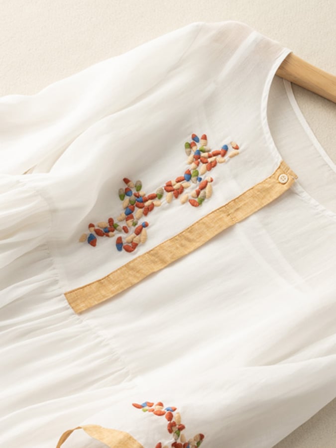 Women’s Midi Dress – Embroidered Cotton Linen – A-Line Fit – 3/4 Sleeve – Button Neckline