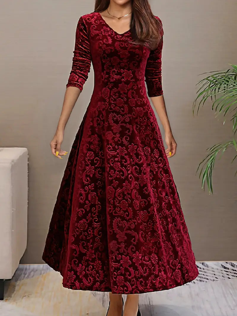 Women’s A-Line Dress – Velvet – Floral Texture – Long Sleeve – Floor Length Fit