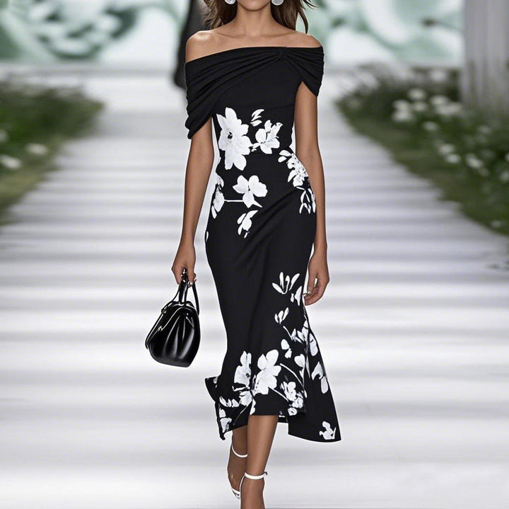Women’s Midi Dress – Off Shoulder – Fitted Waist – Floral Print – Breathable Blend