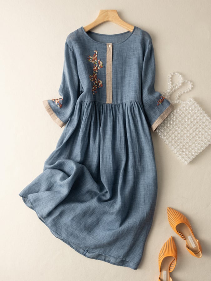Women’s Midi Dress – Embroidered Cotton Linen – A-Line Fit – 3/4 Sleeve – Button Neckline